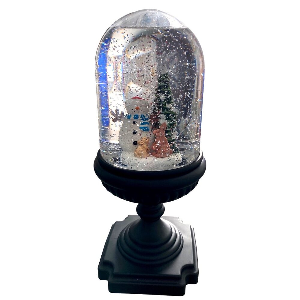 VTG Snow Globe With Snowman & Bunnies On Black Base, 10 in